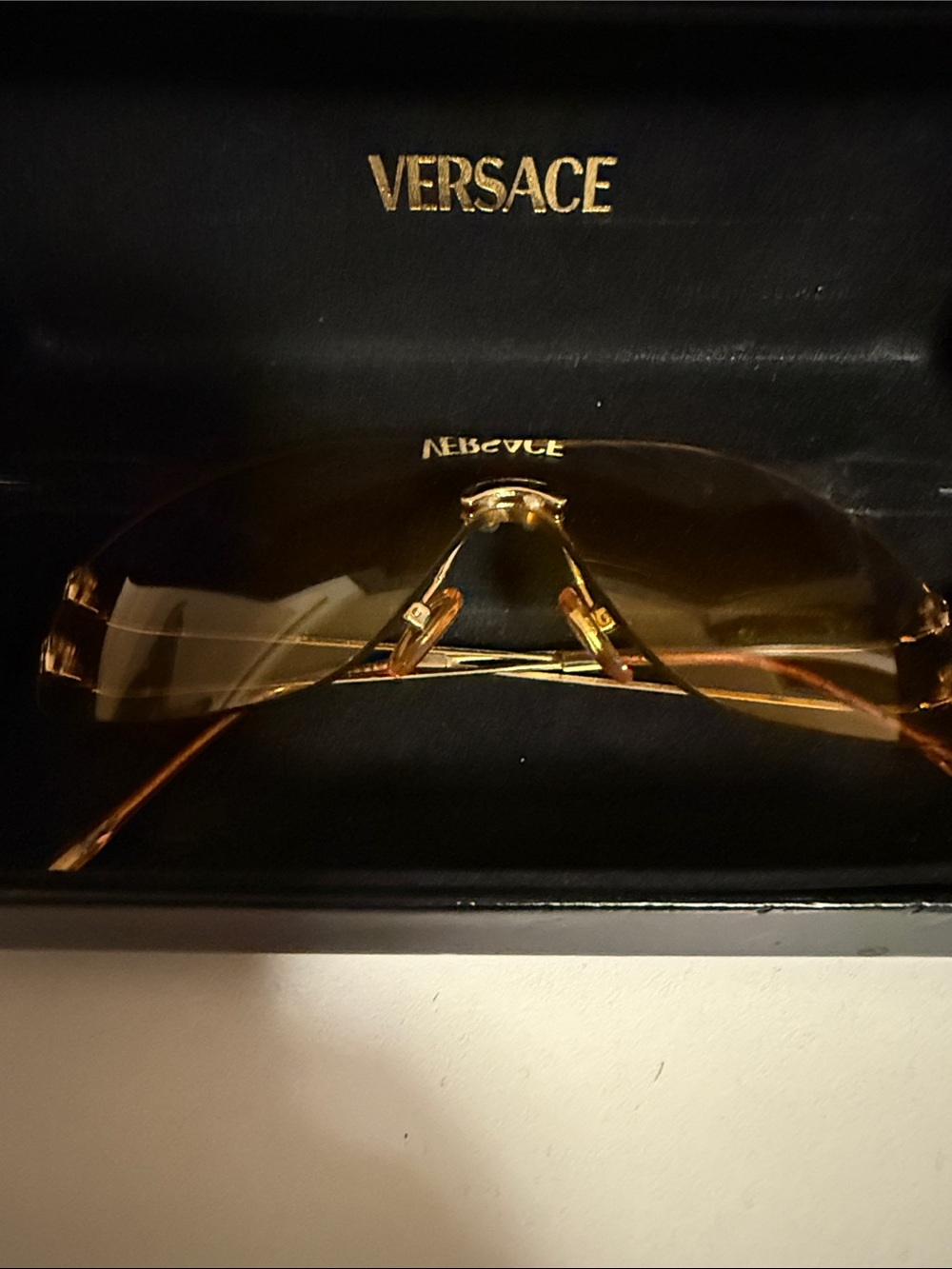Versace Amber Gold Rimless Shield Sunglasses